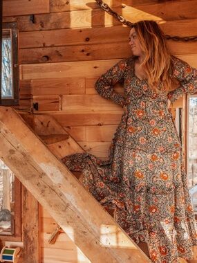 Gardenbelle Organic Cotton Floral Teal Emilia Bohemian Floral Tiered Maxi Dress